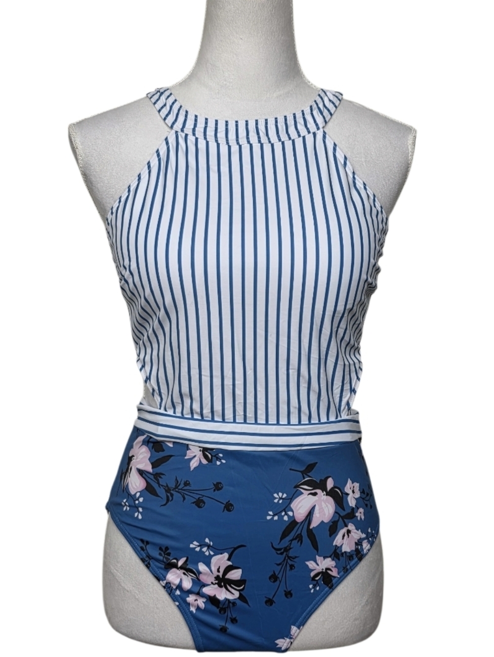 Holipick Striped & Floral One-Piece Swimsuit Size Large